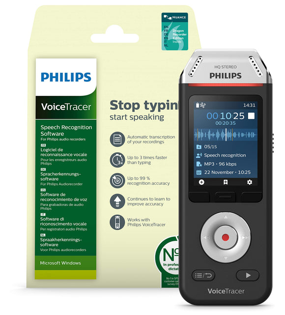 Philips Voicetracer Audio Recorder with Nuance Dragon Speech Recognition Software - Recorder Edition (Windows) DVT2810, 8GB, Colour Display, Stereo MP3/PCM