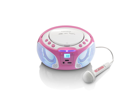 Lenco SCD-650 Kids Portable Stereo Boombox with Karaoke Microphone, FM Radio, CD, MP3 & Disco Lights - Pink