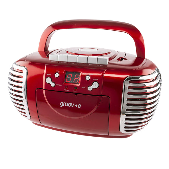 Groov-e Retro Boombox CD Player with Cassette, AM &FM Radio Tuner, 3.5mm AUX in Socket for Smartphones & LED Display - Red