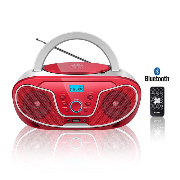 Roxel RCD-S70BT Portable Boombox CD Player with Bluetooth, Remote Control, FM Radio, USB MP3 Playback, 3.5mm AUX Input, Headphone Jack, LED Display (Red)