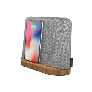 KitSound XDock Qi Charger Wireless Bluetooth Speaker Charging Dock with FM Radio for iPhone 8/X/XS/XR/XS Max, Samsung S6/S7/S8/S9 - Silver/Brown