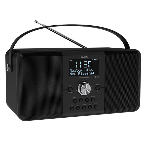 AZATOM Multiplex D2 DAB+ FM Digital Radio & Alarm Clock - Bluetooth 5.0 - Stereo Speaker - Twin Alarms - Massive Rechargeable Battery - USB Mobile Charging - Premium Sound (Black)
