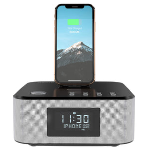AZATOM Homehub Clock Radio Alarm FM Bluetooth speaker 30W Lightning Docking station for iPhone Xs Max, Xs, Xr, X, 8, 8 plus, 7plus, 7, 6s, 6, 5s, 5, SE Nano 7G, Touch 6G 5G, iPad mini BLACK