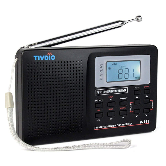 tivdio-v-111-portable-am-fm-shortwave-radio-alarm-clock-battery-operated-aa-battery-with-back-light-earphone-jack-sleep-timer-for-travelblack image no. 1 buy in Dubai from Astronom at best price shipping worldwide by Tivdo