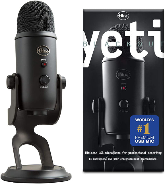 Blue Yeti USB Mic for Recording and Streaming on PC and Mac, 3 Condenser Capsules, 4 Pickup Patterns, Headphone Output and Volume Control, Mic Gain Control, Adjustable Stand, Plug and Play, Blackout